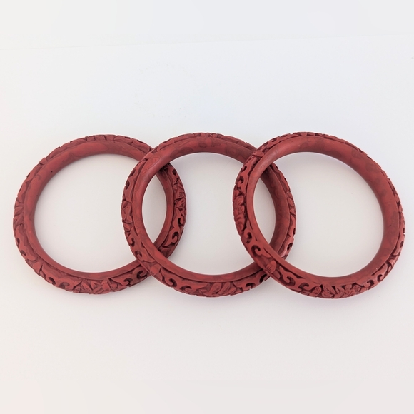Vintage/Estate Red Carved Chinese Cinnabar Bangle Bracelets; Set of 3 - Picture 2 of 13